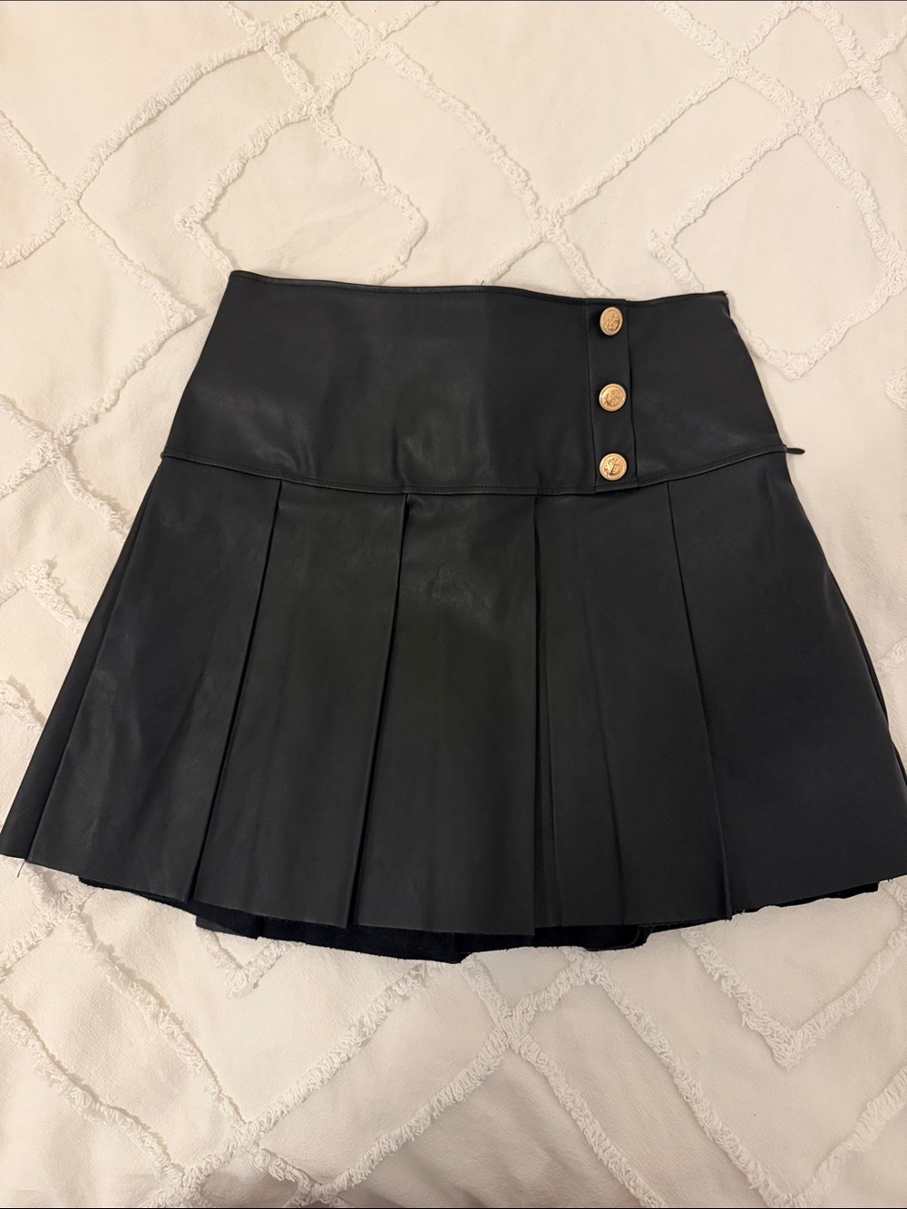 Zara Black Pleated Faux Leather Mini Skirt with Gold Buttons